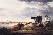 Aelbert Cuyp Cows and Herdsman by a River oil painting reproduction
